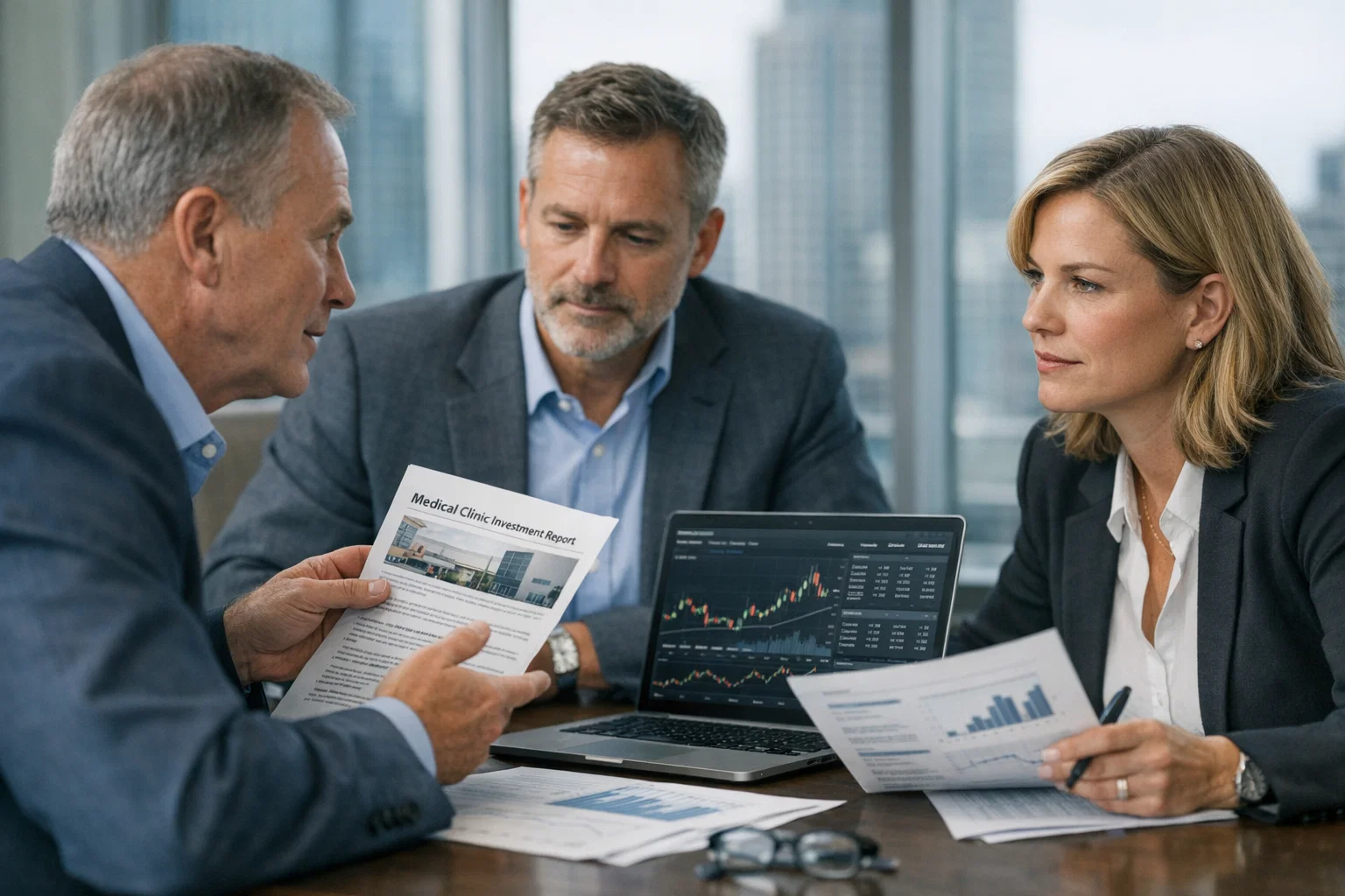 Financial advisors discussing healthcare clinic valuation and portfolio strategy