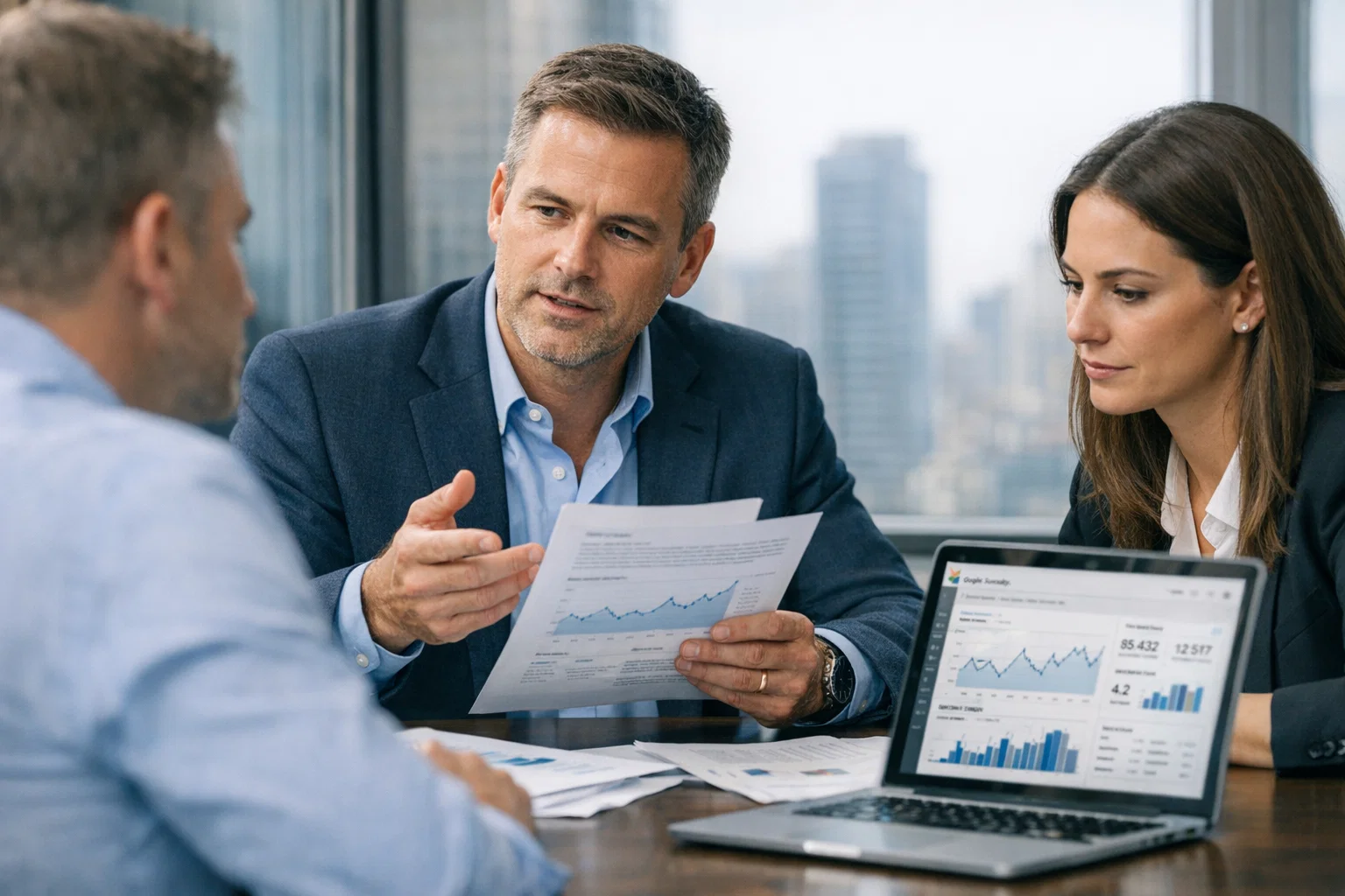 SEO performance consulting team discussing reports and laptop analytics in boardroom.